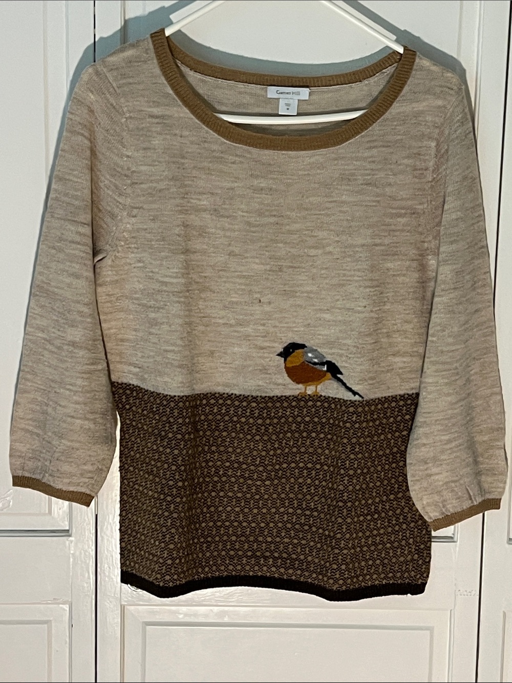 Garnet Hill Beige and Brown Crewneck Sweater with Bird Motif